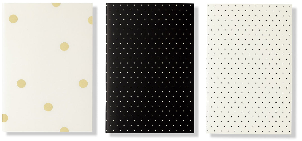 Kate Spade New York Soft Cover Triple Notebook Set, 3-Pack Lined Travel Journals with 80 Pages Per Book, Black Dots