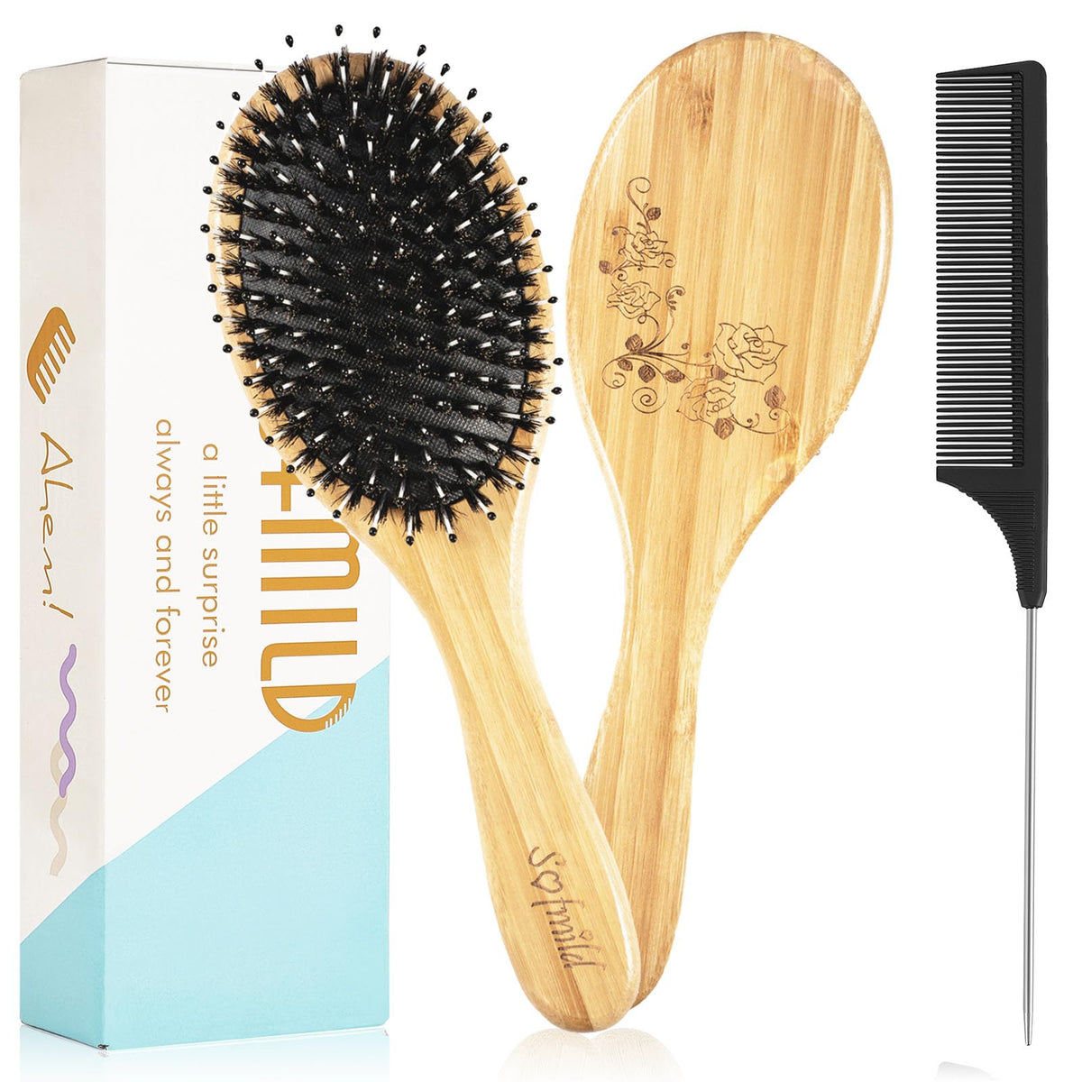 Hair Brush, Sofmild Boar Bristle Hairbrush Set for Women Men Kids for Curly, Thick, Long, Short, Straight, Thin, Wavy, Dry Hair, Bamboo Hair Brush with Comb Adds Shine & Improves Hair Texture