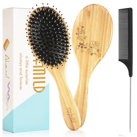 Hair Brush, Sofmild Boar Bristle Hairbrush Set for Women Men Kids for Curly, Thick, Long, Short, Straight, Thin, Wavy, Dry Hair, Bamboo Hair Brush with Comb Adds Shine & Improves Hair Texture