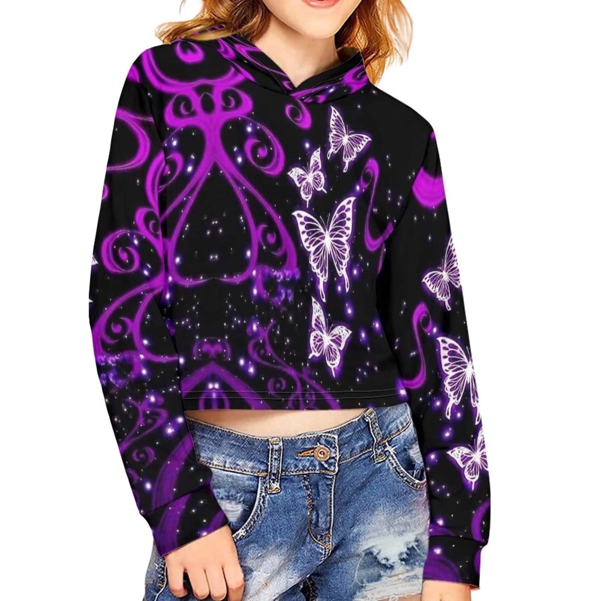 chaqlin Purple Butterfly Crop Tops Hoodies for Kids Girls Fashion Long Sleeve Pullover Sweatshirts Shorts Sweaters Lightweight Hooded Jumpers,for Age 13-14 Years