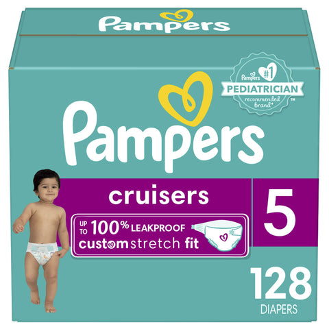 Pampers Cruisers Diapers - Size 5, One Month Supply (128 Count), Disposable Active Baby Diapers with Custom Stretch