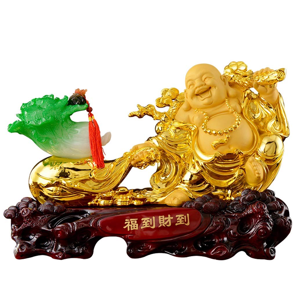 Fengshui Figurines Feng Shui Golden Resin Laughing Happy Buddha With Feng Shui Baicai/cabbage Collectible Decoration Charm Prosperity Sculpture Home Decor