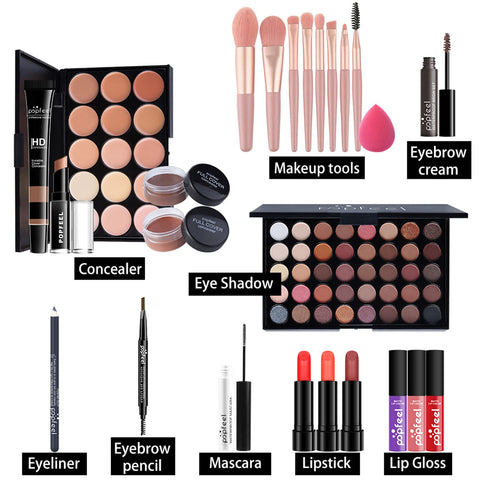 Joyeee Makeup Kit For Women Full Kit, Naked Shimmer Eyeshadow Palette, Waterproof Black Eyeliner & Mascara, Makeup Tools Set, Lipstick, Premium Synthetic Foundation Powder for Medium to Dark Skin