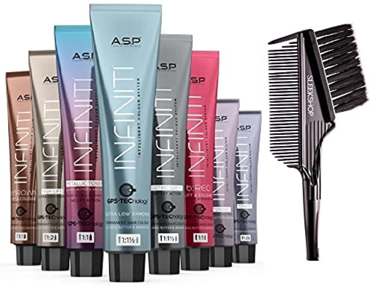 ASP Affinage INFINITI Ultra-Low Ammonia Permanent Hair Color Dye Haircolor w/Shea Butter & Argan (w/SLEEKSHOP 3-in-1 Brush Comb) Infinity Intelligent Colour (1.0 Black)