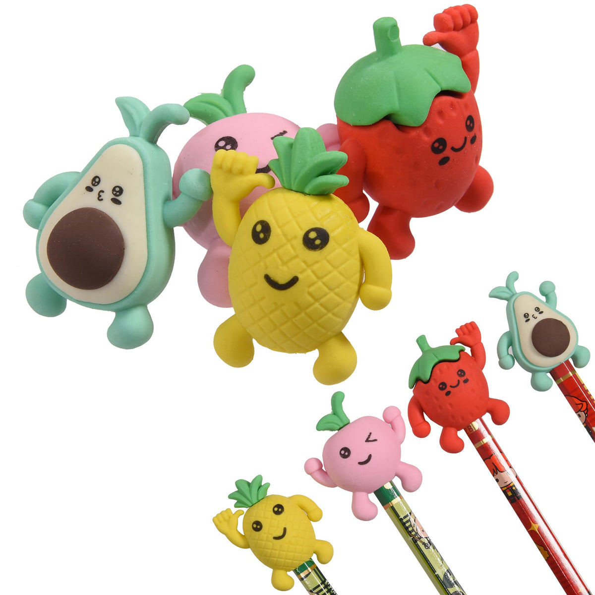 HILAZA 16Pcs Pencil Top Erasers for Kids, 3D Cute Fruit Pencil Toppers, Bulk Fun Pencil Cap Easters for School Classroom Supplies Prize Gifts Party Favors