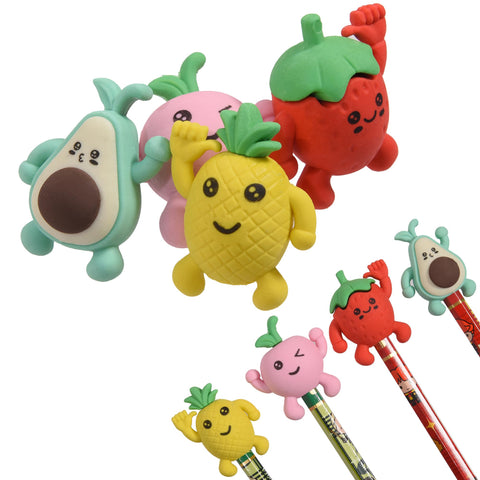 HILAZA 16Pcs Pencil Top Erasers for Kids, 3D Cute Fruit Pencil Toppers, Bulk Fun Pencil Cap Easters for School Classroom Supplies Prize Gifts Party Favors