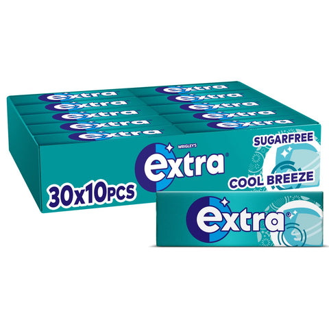 Wrigley's Extra Sugarfree Chewing Gum, Refreshing Cool Breeze Flavour, Freshens Breath, With Xylitol, Helps with Oral Hygiene for Healthy Teeth and Gums 30 x 10 Packs