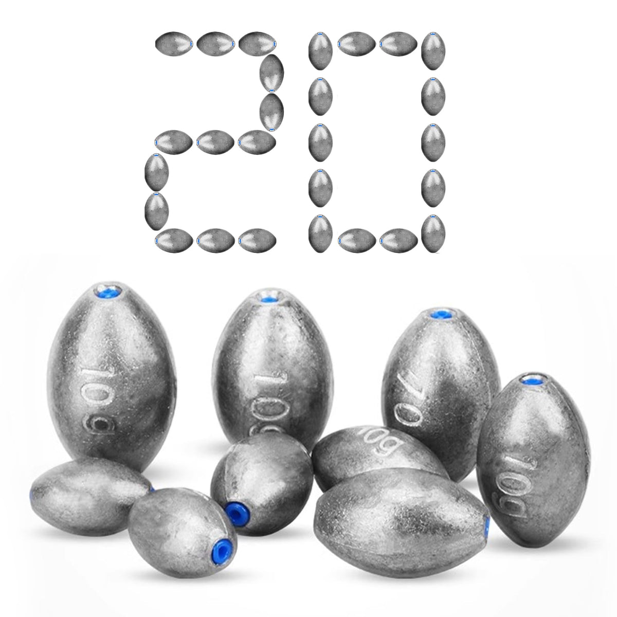 TORMEN Fishing Egg Sinker Weight, 20Pcs Oval Insert Bass Fishing Lead Casting Pendant for Saltwater and Freshwater(10g
