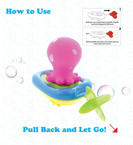 DolliBu Sea Life Boat Racers Bundle Set of 4 - 3-in-1 Bath Toy Pull & Go Floating Water & Floor Racing Finger Puppet for Pool, Bathtub & Outdoor - Shark, Octopus, Sea Turtle, Orange Reef Fish - 4 Pack