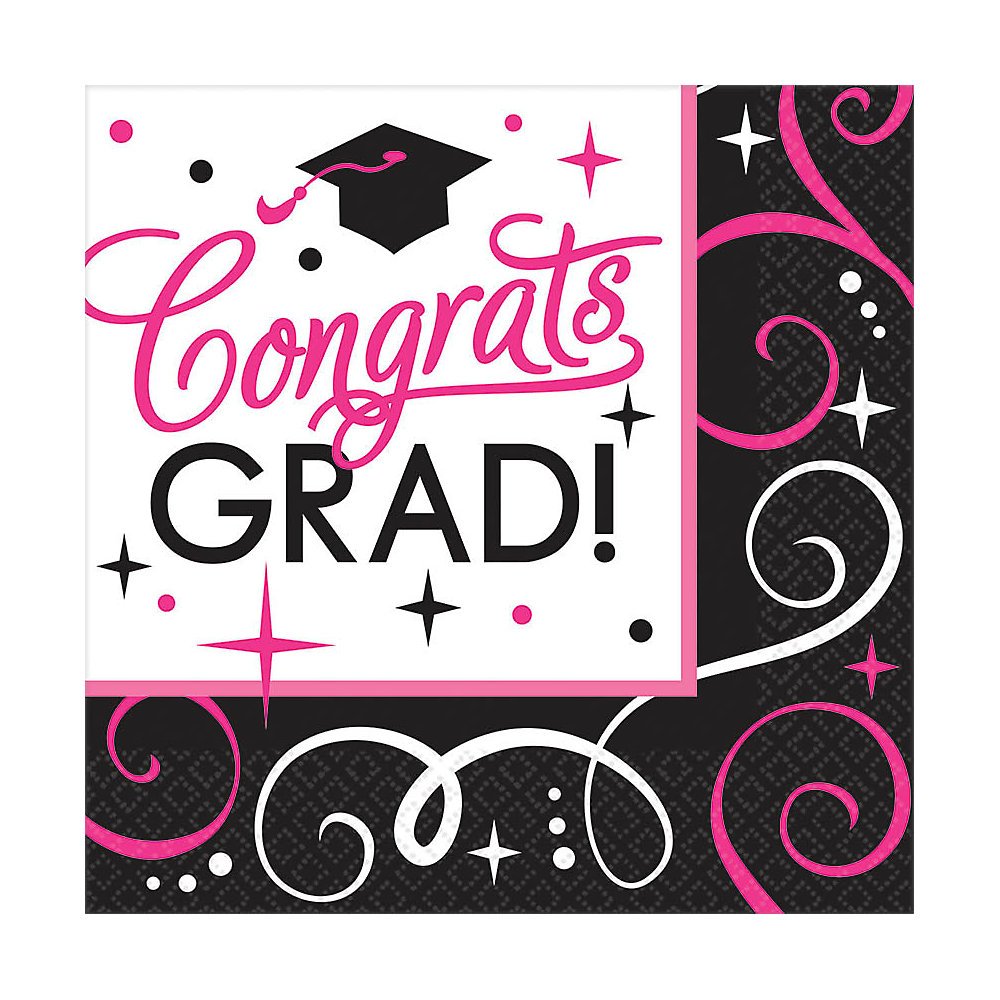Amscan Sparkling Graduation Party Congrats Grad Luncheon Paper Napkins (Pack of 36), Pink/Black, 6.5" x 6.5"