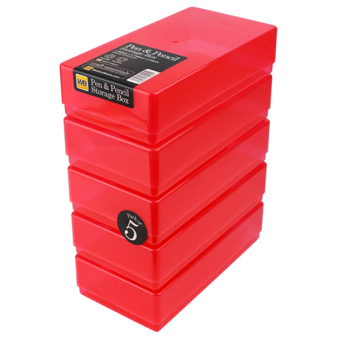 WestonBoxes Plastic Storage Boxes with Lids for Pens, Pencils and Stationery - 1.4 Litre Volume (Red, Pack of 5)