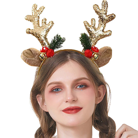 Acenail Christmas Headbands Women Xmas Deer Hair Hoop Glitter Reindeer Antlers Headband Ring Furry Deer Horn Ears Headdress Christmas Tree Hairbands Decoration Holiday Costume Headpiece for Women and