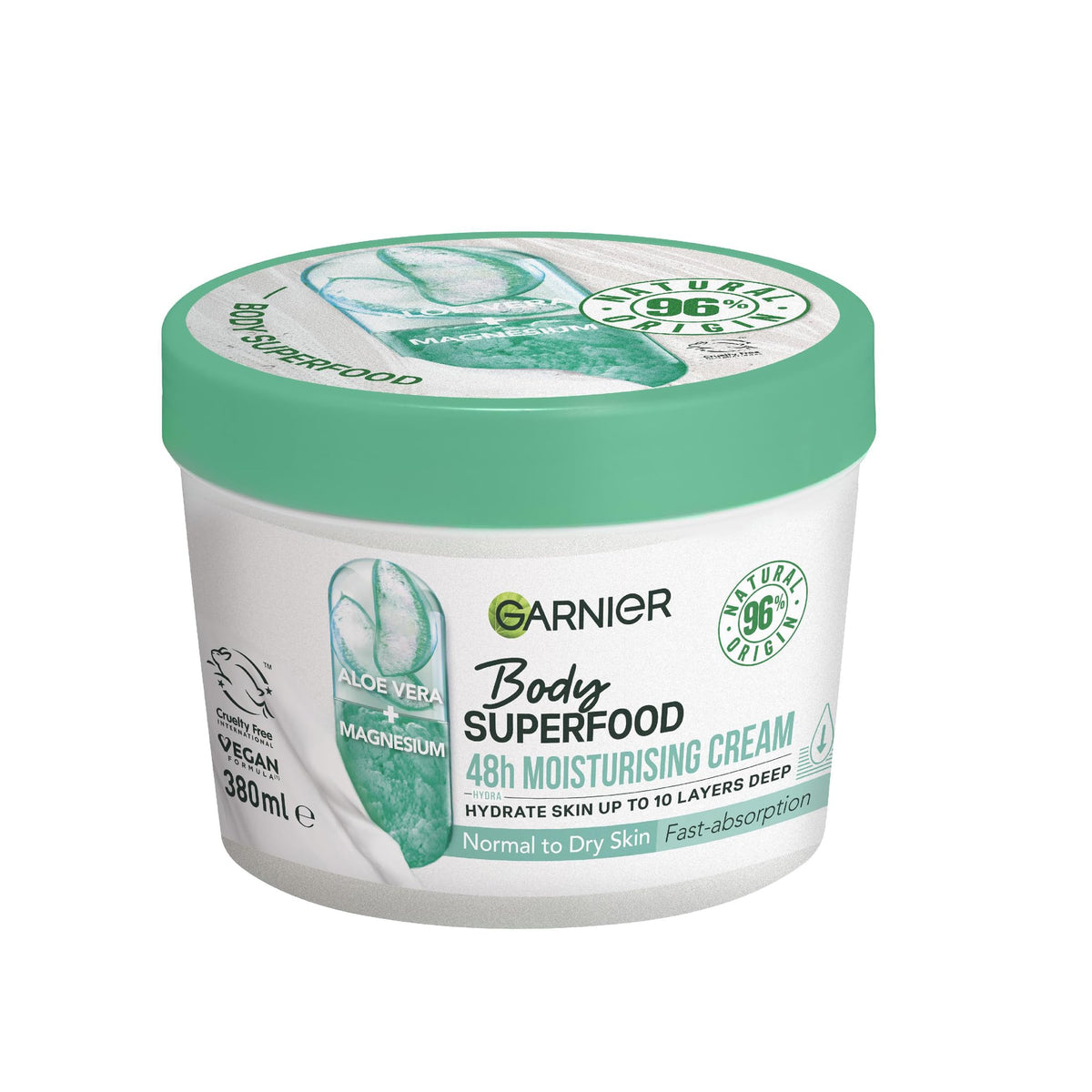 Garnier Body Superfood, Moisturising & Soothing Body Cream, With Aloe Vera & Magnesium, Body Cream for Normal to Dry Skin, Vegan Formula, 380ml