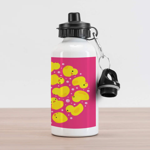Ambesonne Rubber Duck Aluminum Water Bottle, Fun Duckies Circle Pattern Bath Toys Bubbles Animal Print, Insulated Spill-Proof Travel Sports Bottle, 16.9 oz, Yellow Pink