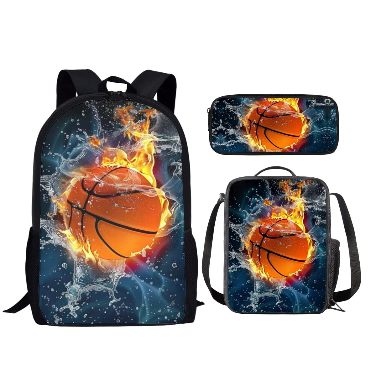 HUGS IDEA Water and Fire Basketball School Bag for Boys 3Pcs Backpack Set Bookbag with Insulated Lunch Food Container Pencil Organizer Holder