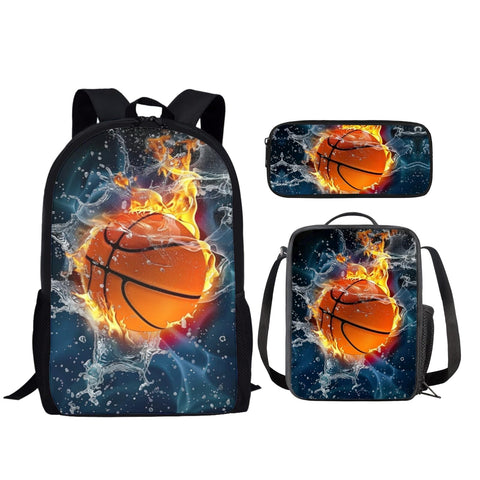 HUGS IDEA Water and Fire Basketball School Bag for Boys 3Pcs Backpack Set Bookbag with Insulated Lunch Food Container Pencil Organizer Holder