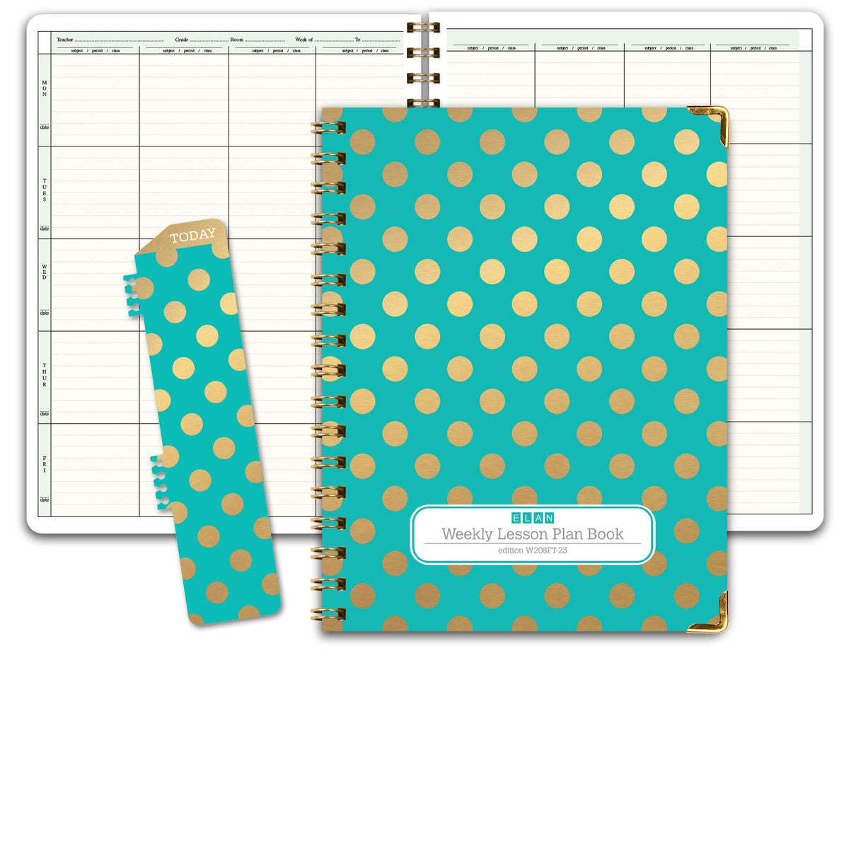 Elan Publishing Company HARDCOVER 8 Period Teacher Lesson Plan - Days Vertically Down The Side with Bonus Clip-in Bookmark (Gold Dots Turquoise)