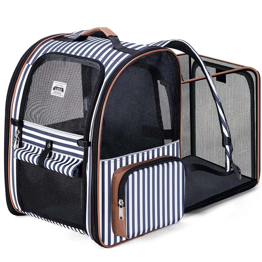 Lekespring Expandable Cat Backpack Dog Backpack for Cats Dogs up to 8 kg, Large Cat Backpack Foldable Pet Backpack with Inner Safety Lead and Pet Mat, Blue Stripes