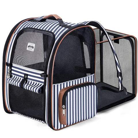 Lekespring Expandable Cat Backpack Dog Backpack for Cats Dogs up to 8 kg, Large Cat Backpack Foldable Pet Backpack with Inner Safety Lead and Pet Mat, Blue Stripes