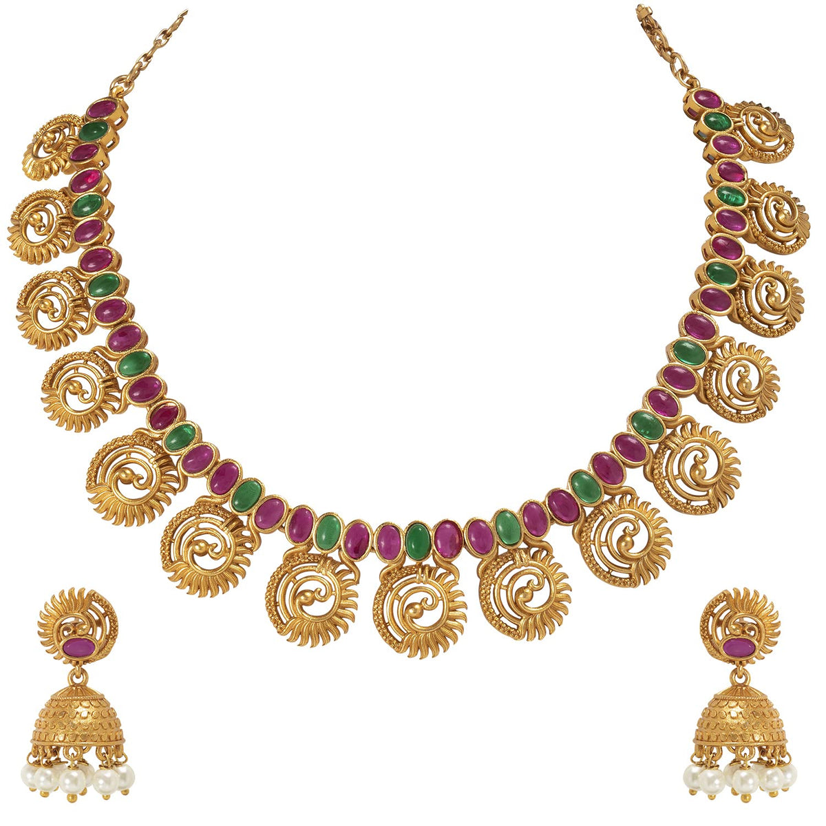 Aheli Beautiful Wedding Wear Indian Laxmi Goddess Faux Stone Studded Floral Design Crafted Necklace Earrings Set Ethnic Fashion Jewelry for Women (Red-Green Stone Bead hanging)