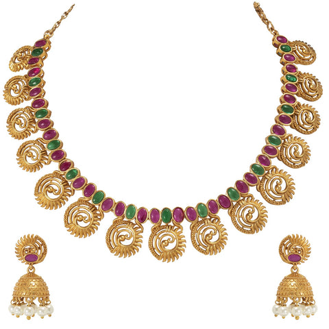 Aheli Beautiful Wedding Wear Indian Laxmi Goddess Faux Stone Studded Floral Design Crafted Necklace Earrings Set Ethnic Fashion Jewelry for Women (Red-Green Stone Bead hanging)