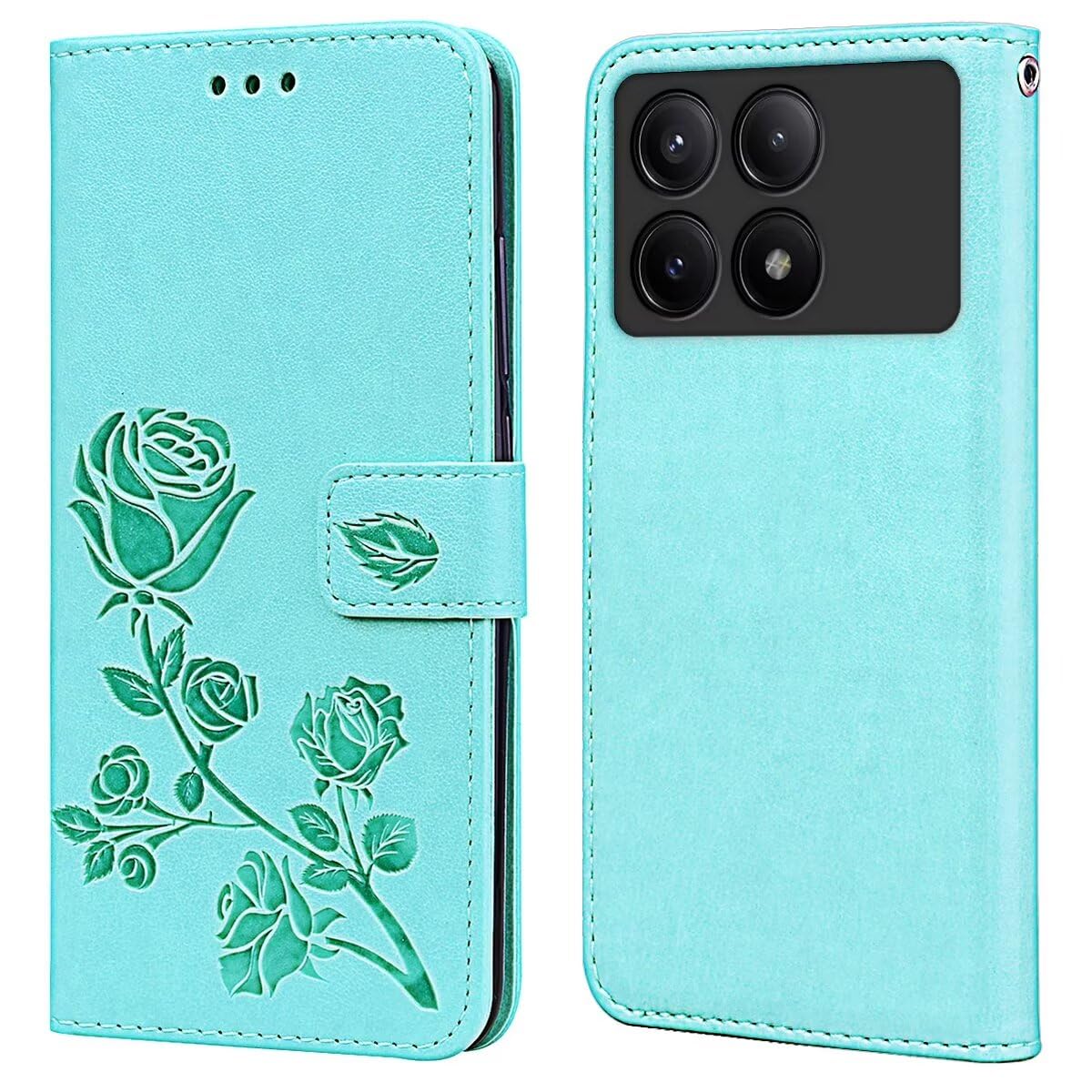 RankOne Leather Wallet Case for POCO F6 Pro (6.67" Inches), with Card Holder Rose Pattern Design Cover Folio Flip Case - Green
