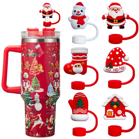 6PCS Christmas Straw Cover Cap for Stanley Cup, Silicone Straw Topper for Stanley 30&40 Oz Tumbler with Handle, 10mm 0.4in Dust-Proof Reusable Straw Tips Lids for Christmas Gifts. (Color 1)