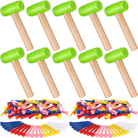 Wettarn 10 Pcs Kids Hammer Toys 100 Pcs Wood Golf Tees Small Plastic Hammer Simulation Wooden Mallet Maintenance Toy Hammer Bamboo Peg for Play Educational School Gift Halloween Party