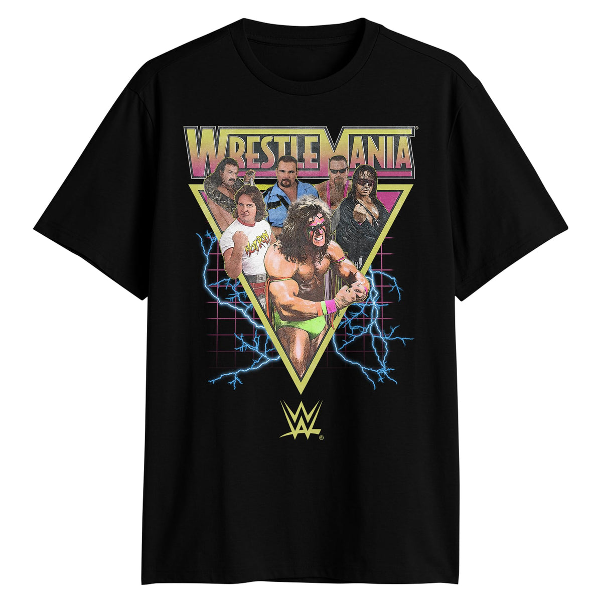WWE Wrestlemania Champions Bret Hart Ultimate Warrior Piper Adult T-Shirt, Black, Large