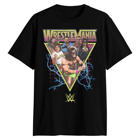 WWE Wrestlemania Champions Bret Hart Ultimate Warrior Piper Adult T-Shirt, Black, Large