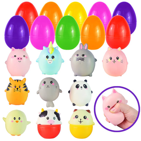 JOYIN 10Pcs Prefilled Easter Eggs with Animal Squishy Toys Slow Rising Squeeze Stress ball for Easter Hunt,Basket Stuffer Gifts for Kids Party Favors