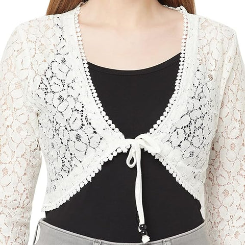ESPRESSO Women Designer Lace Front Tie Up Short Shrug/Cardigan (Regular and Plus Size), Off-White, M