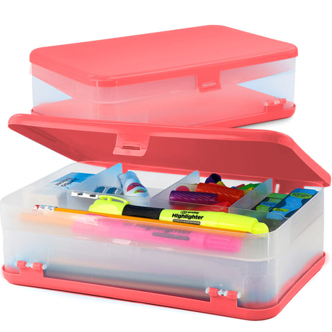 Enday Pencil Box Red, Large Capacity Plastic Double Deck Box with 12 Compartments, Plastic Pencil Box with Snap-Tight Lid, Hard Pencil Case Storage Organizer Pencil Boxes