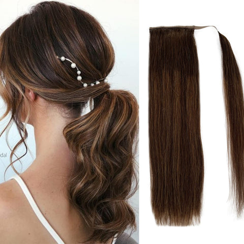 Munx Ombre Ponytail Extension 100% Real Remy Human Hair Wrap Around Long Straight Ponytail Hairpiece 16 Inch 80g Omber Dark Brown with Chestnut Brown Balayage Ponytail Extensions
