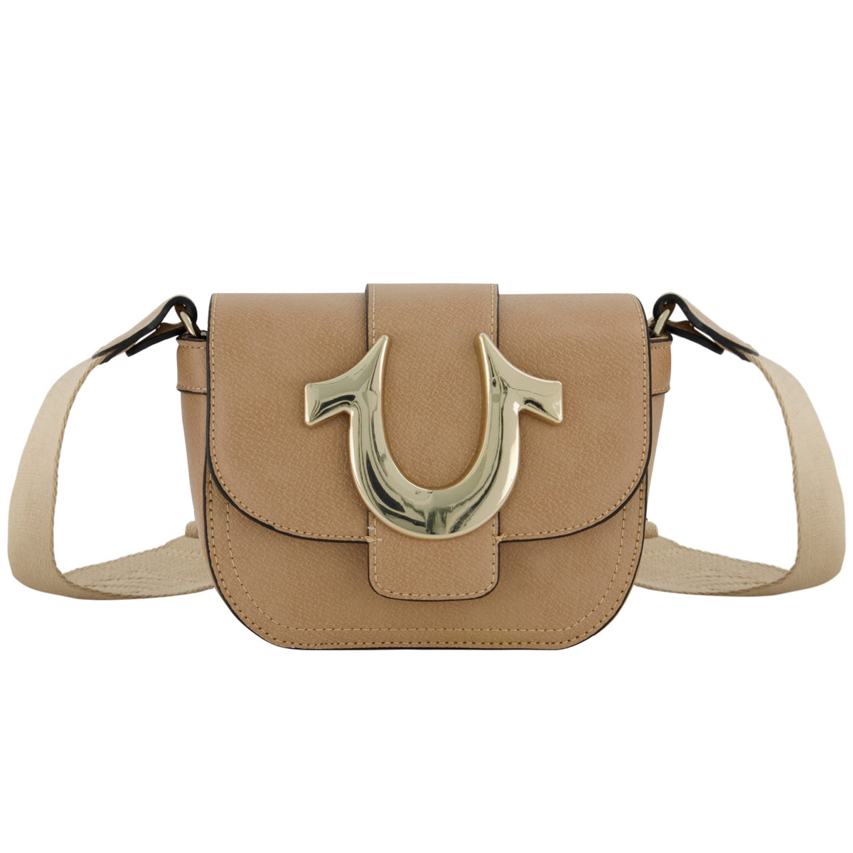 True Religion Women's Crossbody Bag, Mini Flap Adjustable Shoulder Handbag with Horseshoe Logo, Tan