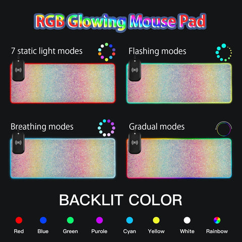 Glitter Lights Wireless Charging Mouse Pad for Mobile Phone Extra Large Gaming Mousepad with 13 Lighting Modes Computer Mat for MacBook PC Laptop Desk Office Home Gaming