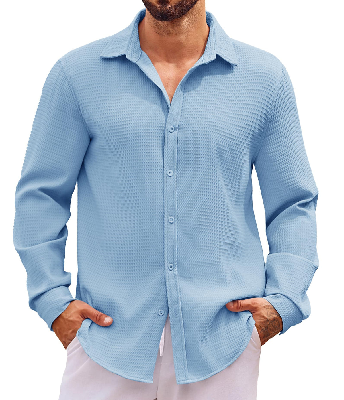 Runcati Mens Waffle Long Sleeve Shirts Button Down Collared Beach Summer Casual Work Shirt Blue