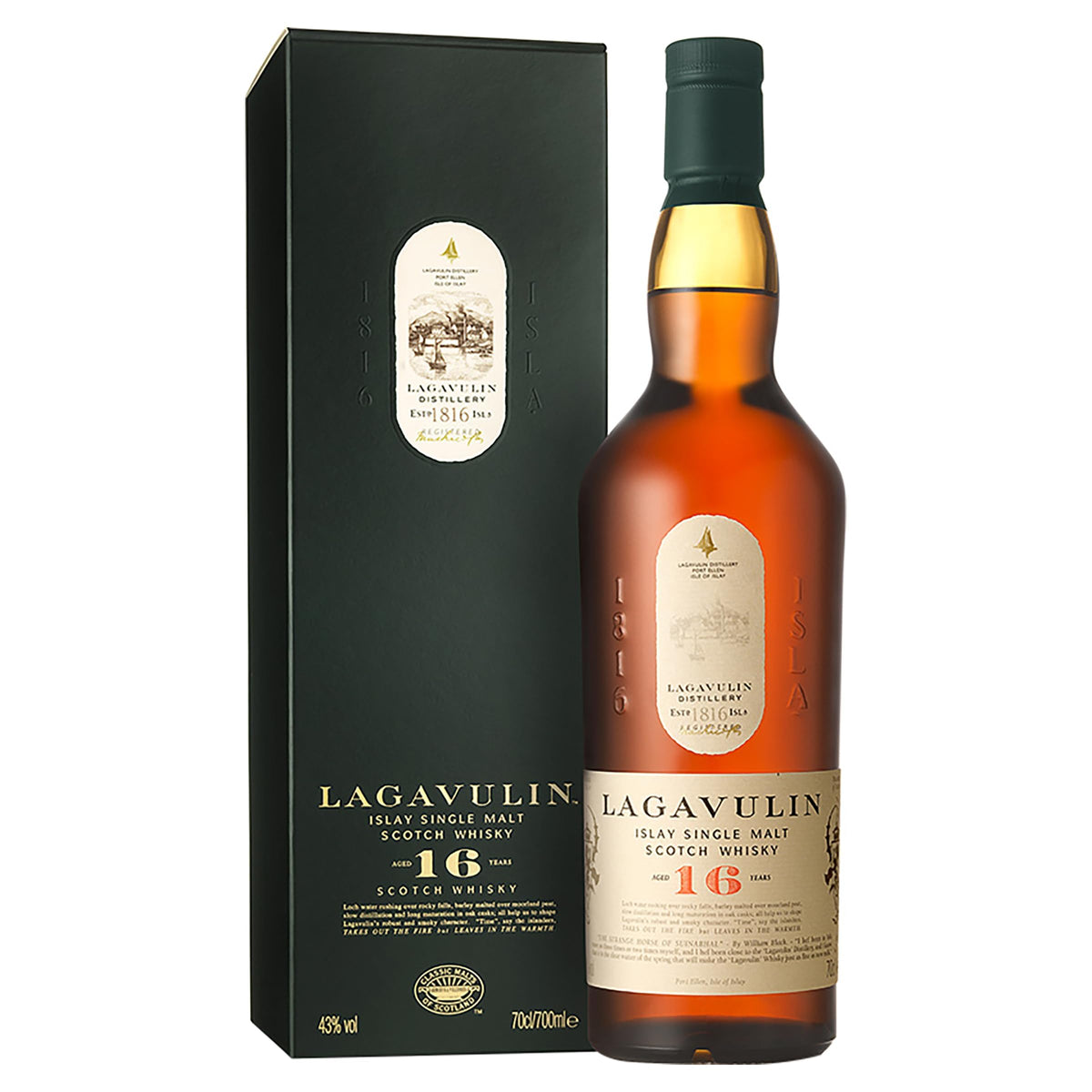 Lagavulin 16 Year Old Islay Single Malt Scotch Whisky, 43% vol, 70cl, Smoky, Intense, Peat-Rich, Sweet & Salty Single Malt Whisky, with Gift Box, Aged in Oak Casks, Easter Gift