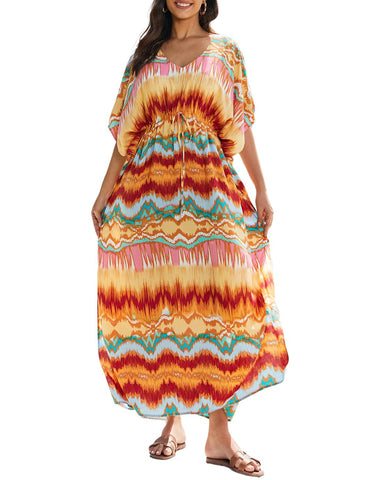 Eddoyee Print Kaftan Dresses for Women Side Split Caftans V-neck Swimsuit Cover Up with Waist Drawstring Orange