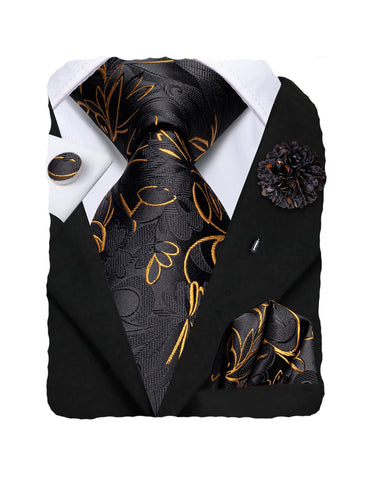 Hi-Tie Men's Wedding Tie Set And Pocket Square Jacquard Woven Silk Necktie Cufflinks With Lapel Pin For Party Prom,Black Gold Floral
