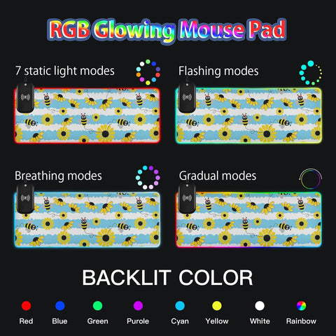 Bee Flowers Stripe Wireless Charging Mouse Pad for Mobile Phone Extra Large Gaming Mousepad with 13 Lighting Modes Computer Mat for Gaming MacBook PC Laptop Desk Home Office