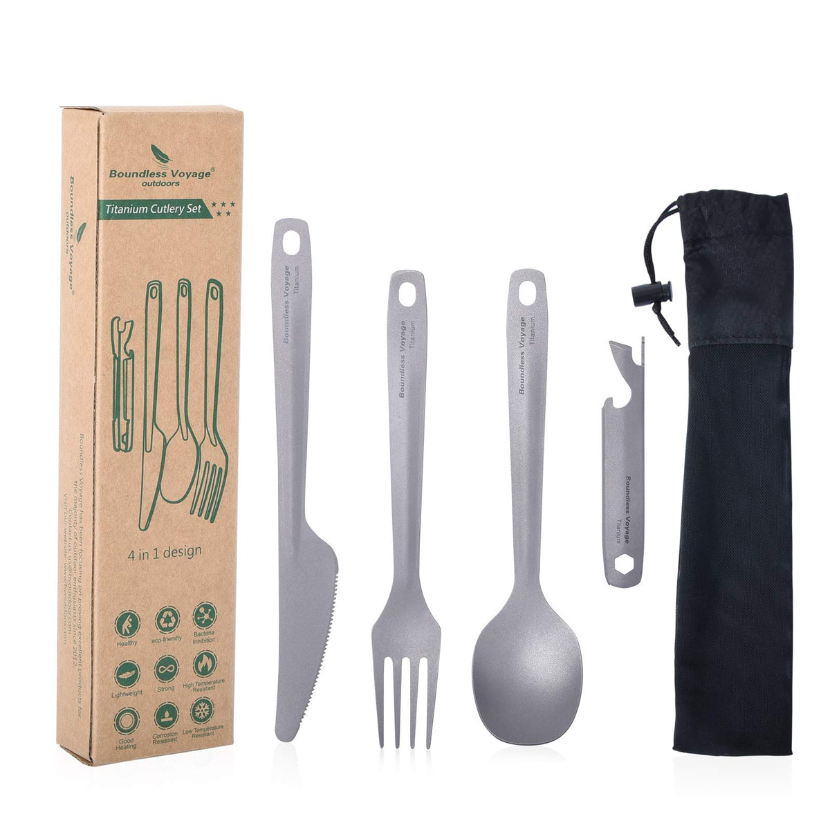 Boundless Voyage 4 Pieces Utility Cutlery Set Titanium Spoon Fork Knife & Bottle Opener for Travel Camping with Carry Case Ti1066T