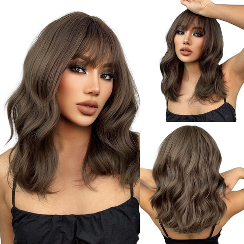 EMMOR Short Curly Wigs with Bangs,Wavy Bob Wigs for Women Heat Resistant Synthetic Wigs Shoulder Length Wigs Natural Looking (Brown)