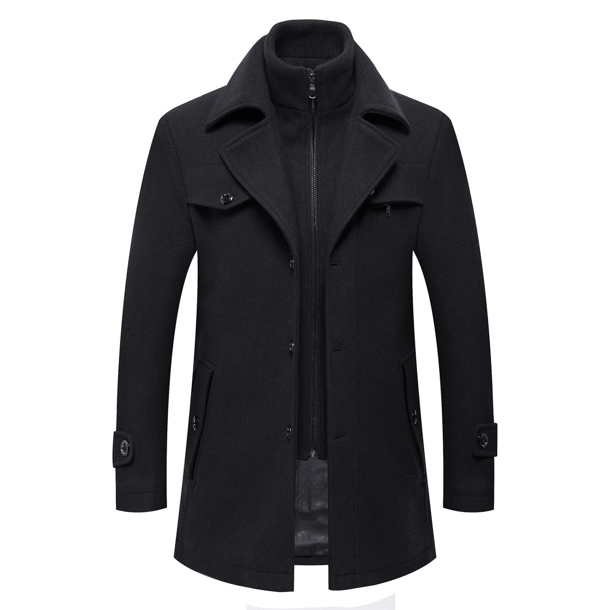 DOSLAVIDA Men's Slim Fit Woolen Pea Coat Single Breasted Winter Warm Long Trench Jackets With Removable Soft Scarf, F-black, XL