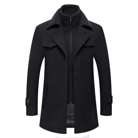 DOSLAVIDA Men's Slim Fit Woolen Pea Coat Single Breasted Winter Warm Long Trench Jackets With Removable Soft Scarf, F-black, XL