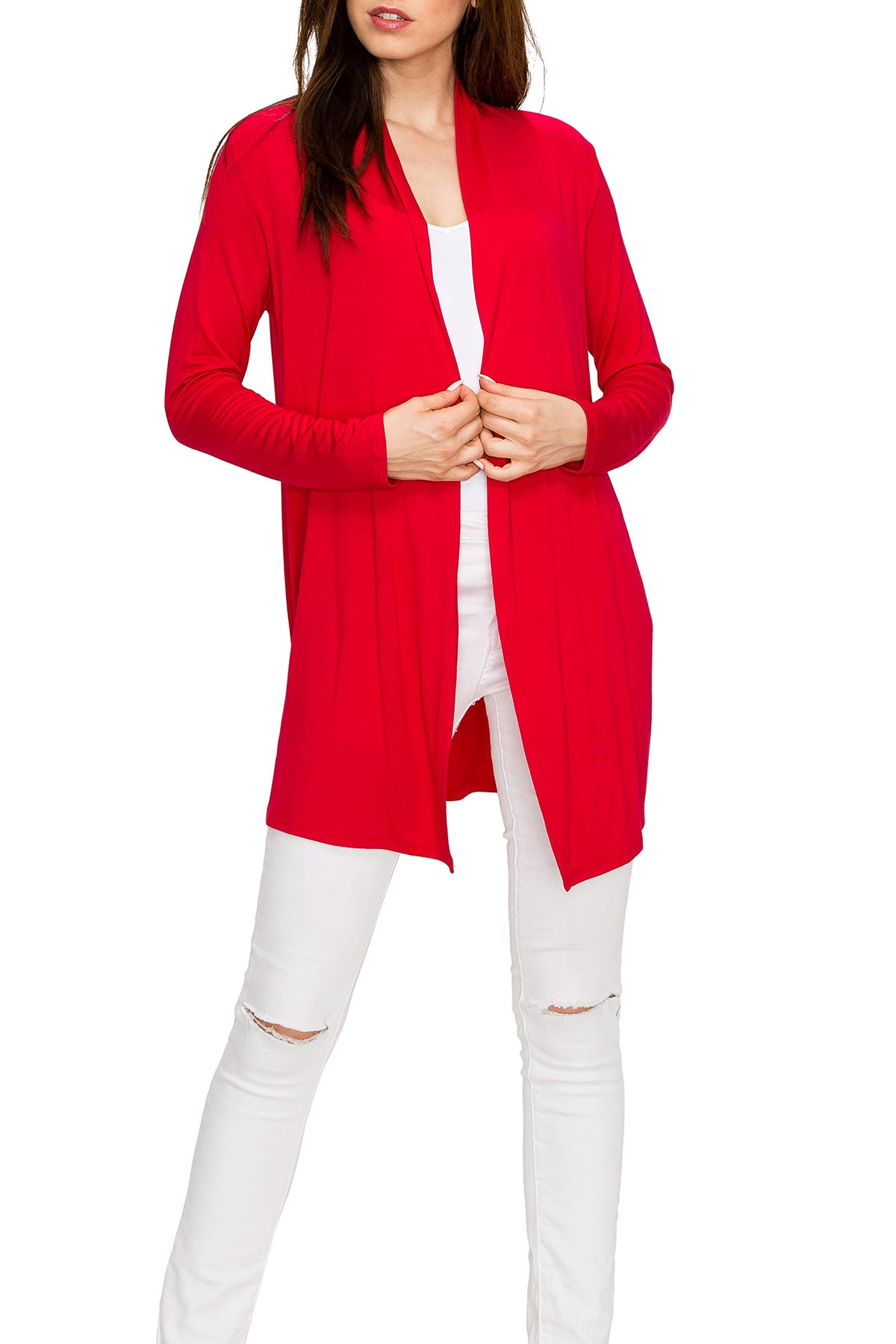 EttelLut - Women's Long Cardigans Wrap Sweater - Regular and Plus Size - LL Red Small