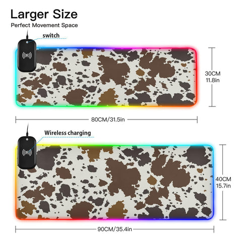 Cow Skin Print Wireless Charging Mouse Pad for Mobile Phone Extra Large Gaming Mousepad with 13 Lighting Modes Computer Mat for Gaming MacBook PC Laptop Desk Home Office
