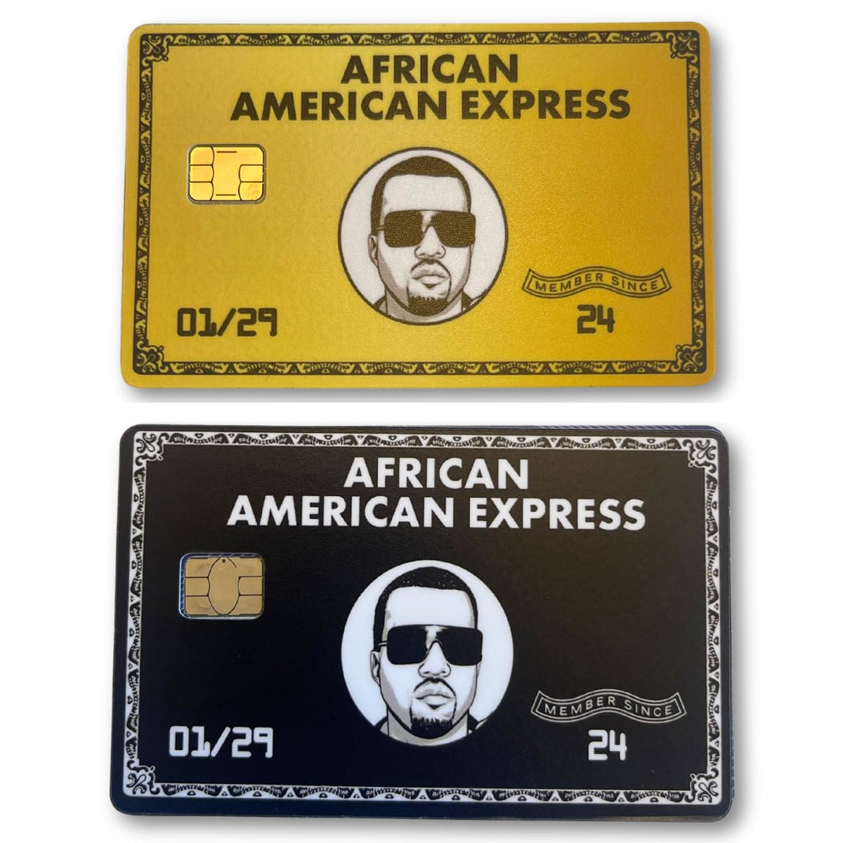 HSEHLD 2 Pack African American Express Credit Card Skin with Chip in Black/Gold - Credit Card Sticker for use as a Credit Card Skin & Debit Card Skin, Kanye, Funny, Anime, Decal (Black/Gold)