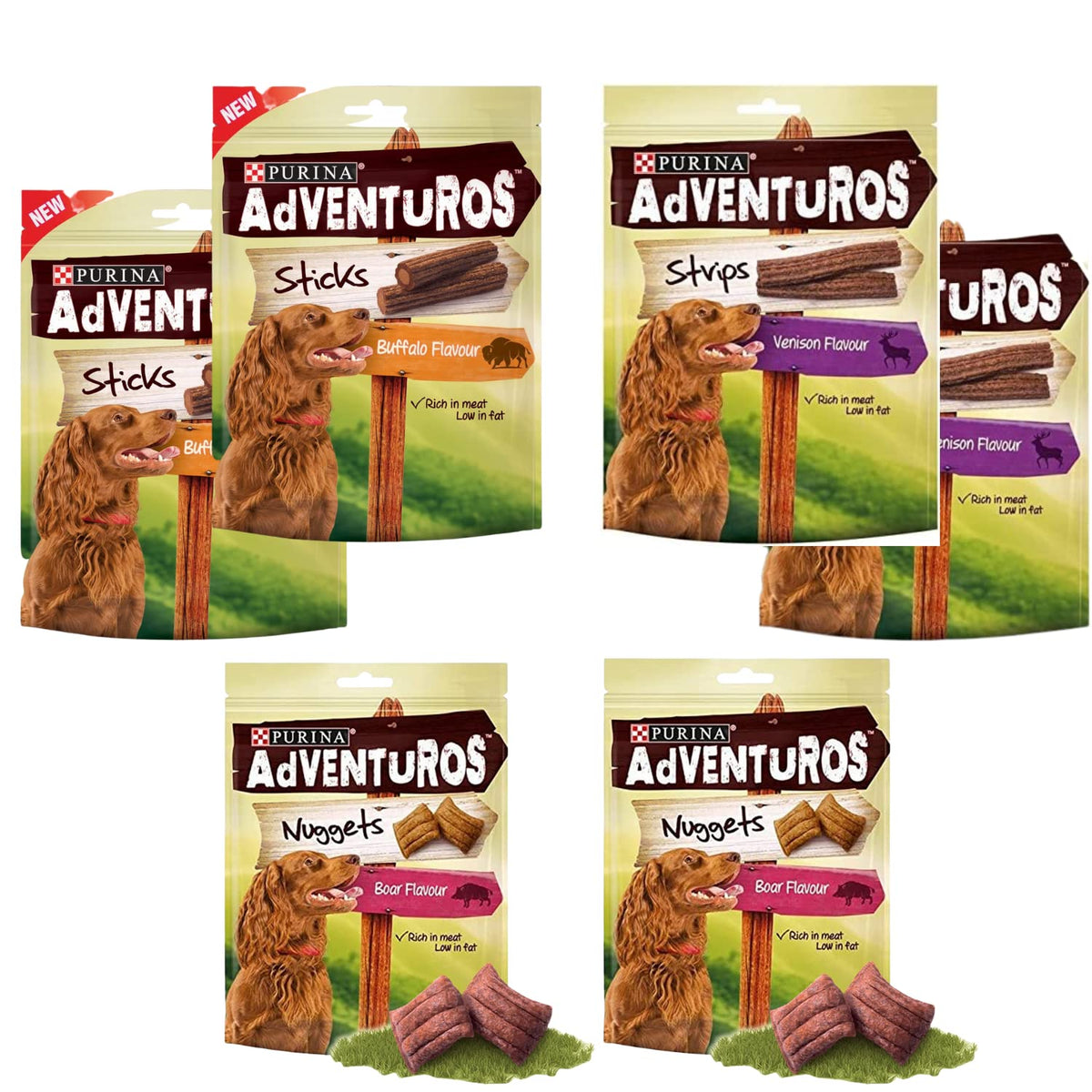 Adventuros Dog Treats Venison Flavour Strips 90g X 2 | Adventuros Dog Treats Boar Flavour Nuggets 90g X 2 | Adventuros Sticks Dog Treats Buffalo Flavour 120g X 2 | Pack of 6
