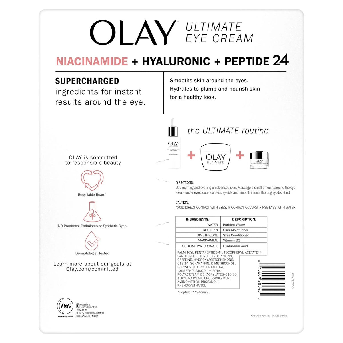 Olay Ultimate Niacinamide + Hyaluronic + Peptide Eye Cream, 0.5 Fl Oz (2 Pack)